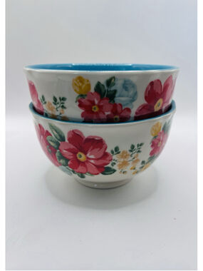 Set Of (2) Pioneer Woman Vintage Floral Teal Bowls Stoneware Soup Cereal Floral